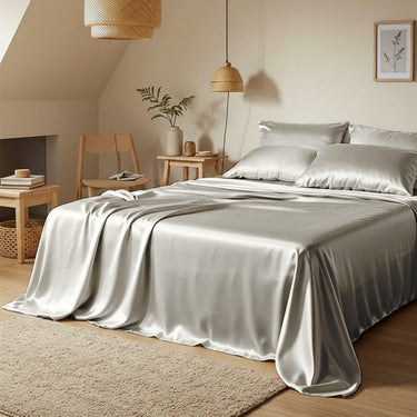 Bedroom with a bed covered in satin sheets and pillows.