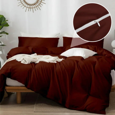 Brown bedspread set on a bed with close-up of zipper detail.