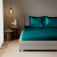Teal Satin Fitted Bedsheet With Pillow Cover