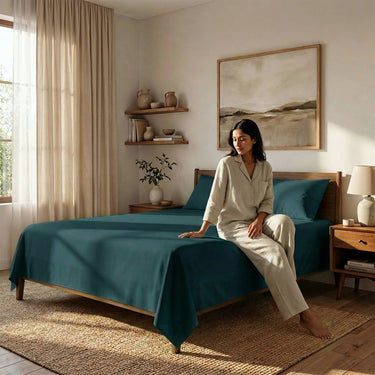 Teal Microfiber Flat Bedsheet With Two Pillow Cover – Fade-Resistant & All-Season Comfort