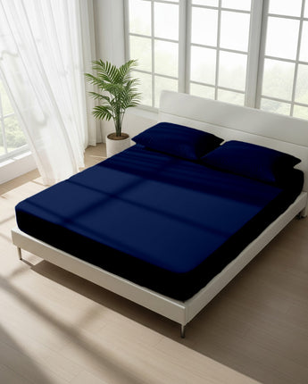 Navy Blue 300 TC Fitted Cotton Bedsheet With Two Pillow Cover