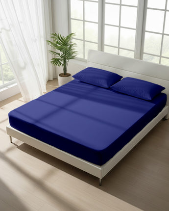 Medium Blue Cotton Fitted Bedsheet Set with 2 Pillow Covers