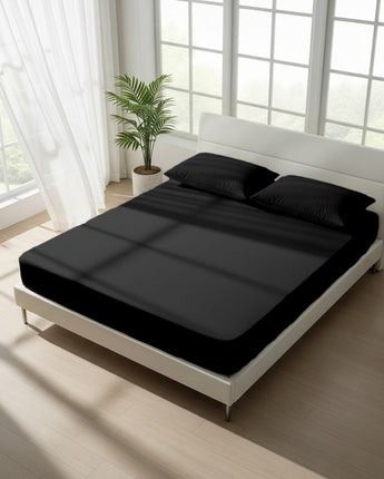 Midnight Comfort: Jet Black Cotton Fitted Bedsheet With Pillow Cover for a Bold, Sleek Look