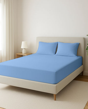 Sky Blue Fitted Bedsheet – Light Blue Microfiber Luxury with Deep Fit Comfort.