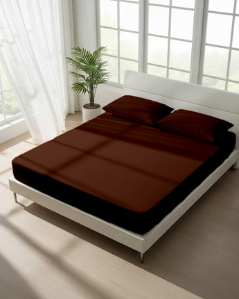 Chocolate Brown Cotton Fitted Bedsheet With Pillow Cover for a Warm, Cozy Vibe