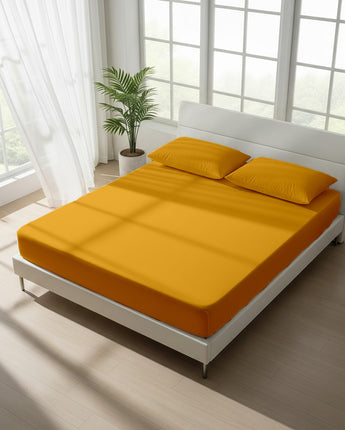 Gold Cotton Fitted Bedsheet with 2 Pillow Covers
