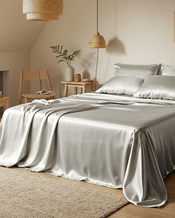 Elegant Silver Satin Bedsheet With Pillow Cover – Luxurious Softness & Shimmer