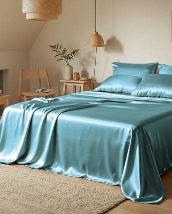Dreamy Blue Velvet Satin Flatted Bedsheet With Pillow Cover – Oceanic Calm & Regal Softness