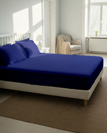 Medium Blue Cotton Fitted Bedsheet Set with 2 Pillow Covers