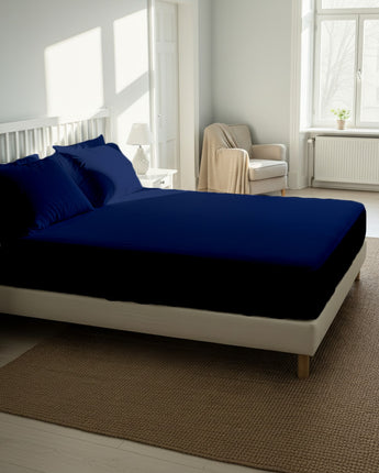 Navy Blue 300 TC Fitted Cotton Bedsheet With Two Pillow Cover