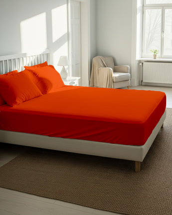Orange Fitted Cotton Bedsheet With Two Pillow Cover– Soft, Durable & Skin-Friendly