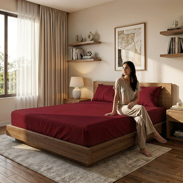 Burgundy Fitted Cotton Bedsheet With Two Pillow Cover  – Luxurious, Soft & Long-Lasting
