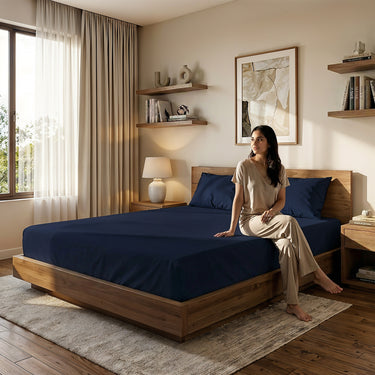 Navy Blue Fitted Cotton Bedsheet With Two Pillow Cover  – Luxurious, Soft & Long-Lasting