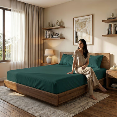 Teal Fitted Cotton Bedsheet With Two Pillow Cover  – Luxurious, Soft & Long-Lasting