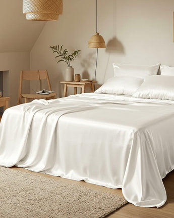 Neatly made bed with white bedding in a bedroom setting.
