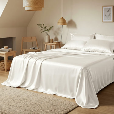 Neatly made bed with white bedding in a bedroom setting.
