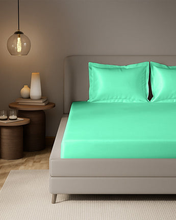 Premium Aqua Green Satin Bedsheet – Soft, Silky Smooth Finish for Luxurious Sleep & Elegant Bedroom Aesthetic