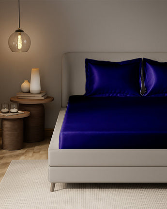 Navy Blue Satin Fitted Bedsheet | Smooth Velvet Touch | Premium Bedroom Elegance