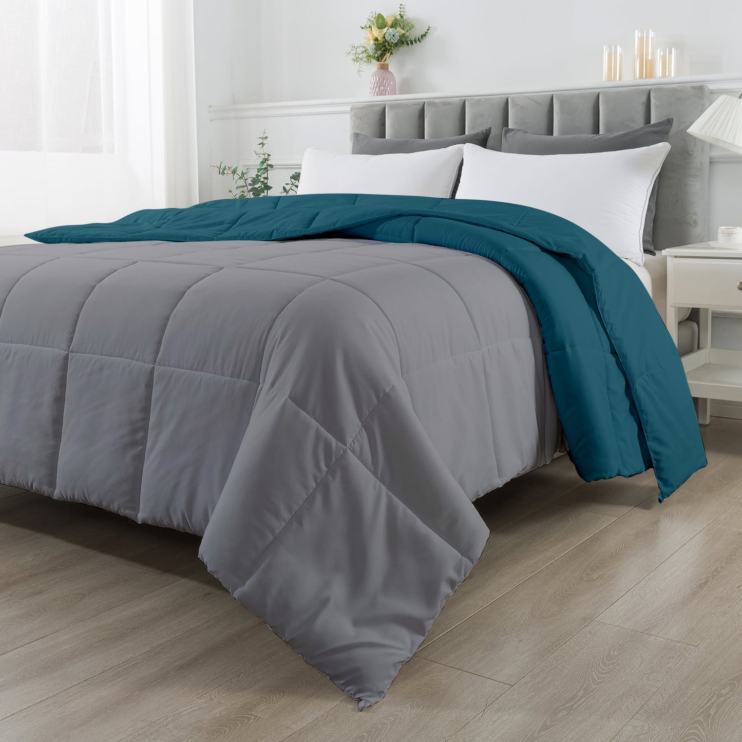 Razzai - 200 GSM Soft AC Comforter Hotel Quality-Down Alternative Reversible Comforter - All Season |AC Comforter/Blanket/Quilt/Rajai Double Bed|Silver/Teal