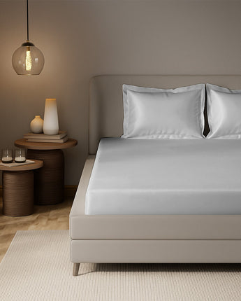 Premium Silver Satin Fitted Bedsheet | Velvet Touch | Elegant Modern Bedding