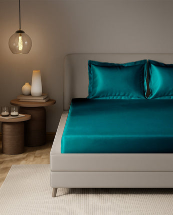 Teal Satin Fitted Bedsheet | Smooth Velvet Finish | Premium Bedroom Luxury